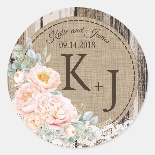 Wood Peony Lace Rustic Monogram Wedding Label (Front)