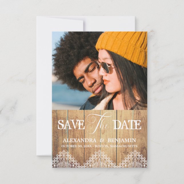 Wood Photo Lace Effect Whimsical Typography Save The Date (Front)