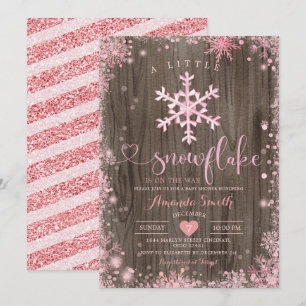 Wood Pink A Little Snowflake Winter Baby Shower Invitation
