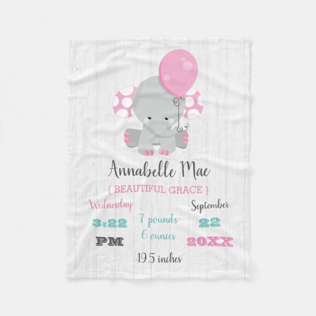 Wood Pink Elephant Girl Baby Birth Stats Fleece Blanket (Front)