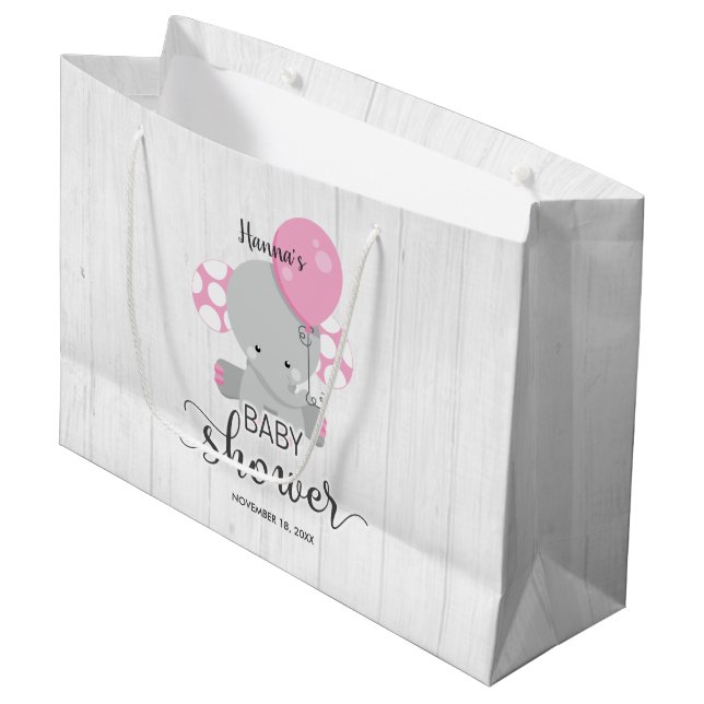 Wood & Pink Elephant Girl Baby Shower Large Gift Bag (Front Angled)