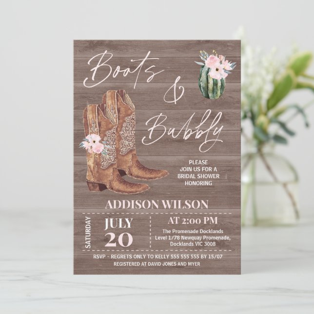 Wood Pink Floral Boots and Bubbly Bridal Shower  Invitation (Standing Front)