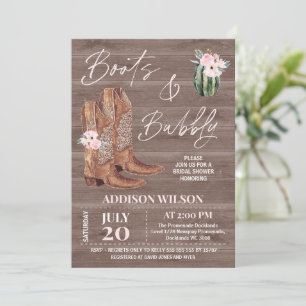 Wood Pink Floral Boots and Bubbly Bridal Shower  Invitation