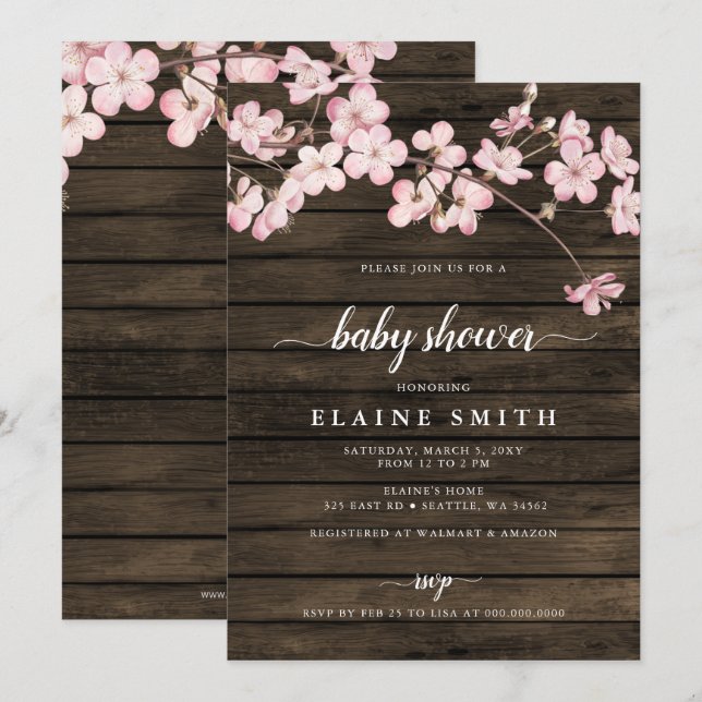 Wood Pink Sakura Cherry Blossoms Baby Shower Invitation (Front/Back)