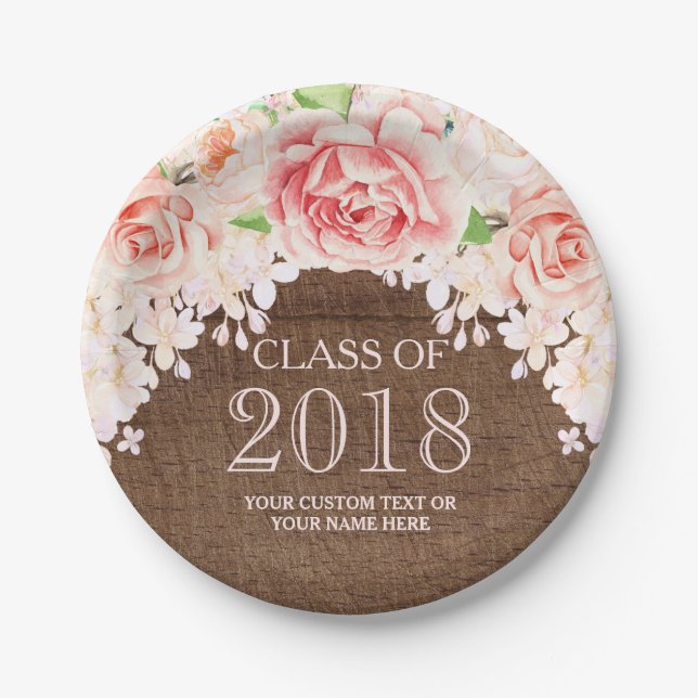 Wood Pink Watercolor Flowers Graduation 2018 Paper Plate (Front)