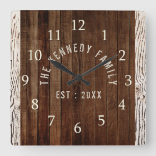 Wood Plank Family Name Farmhouse Square Wall Clock