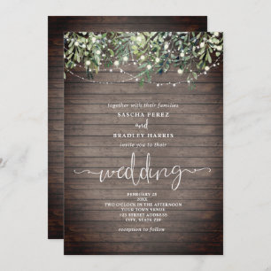 Wood Plank Greenery String Lights Wedding Invitation