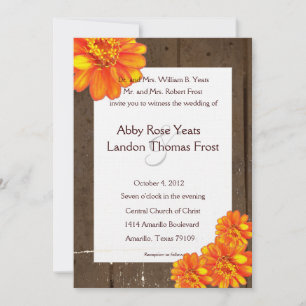 Wood Planks Orange Zinnia Wedding Invitation