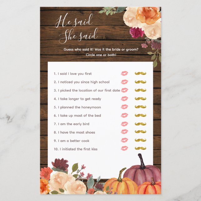 Wood Pumpkin Burnt Orange He said She said Games (Front)