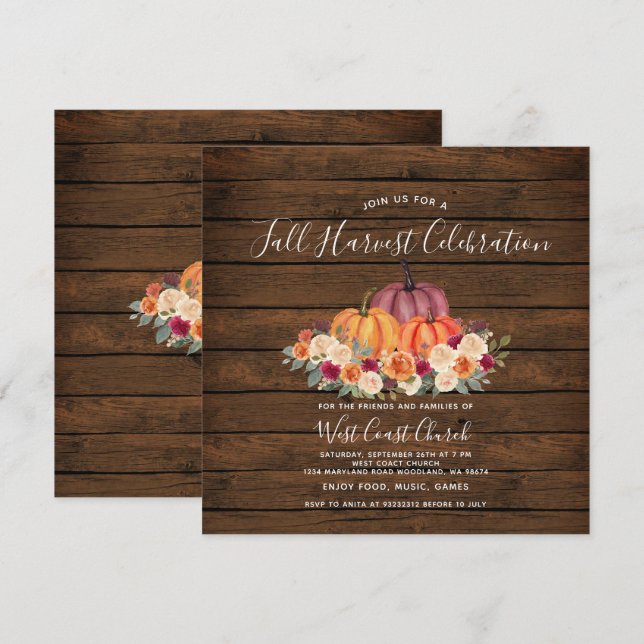 Wood Pumpkin Fall Harvest Party Fall Community  Invitation (Front/Back)
