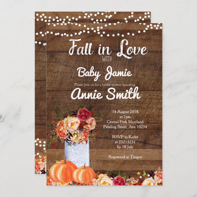 Wood Pumpkin fall in love Bridal Shower Invitation (Front/Back)