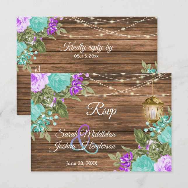 Wood, Purple and Teal Flower - RSVP Card (Front/Back)