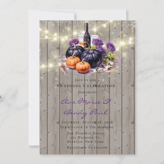 Wood Purple Pumpkin lights Wine Glass Wedding Invitation (Front)