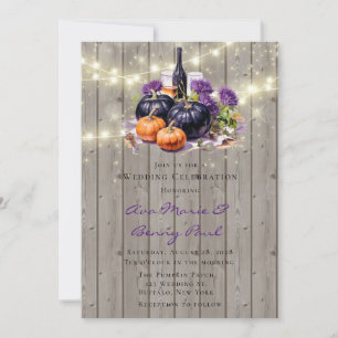Wood Purple Pumpkin lights Wine Glass Wedding Invitation