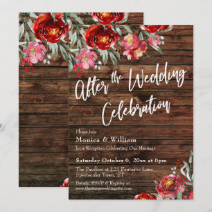 Wood & Red Flowers After the Wedding Celebration Invitation