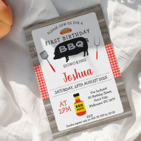 Wood Red Plaid Pig BBQ 1st Birthday Invitation