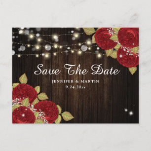 Wood Red Rose Wedding Save The Date Postcards