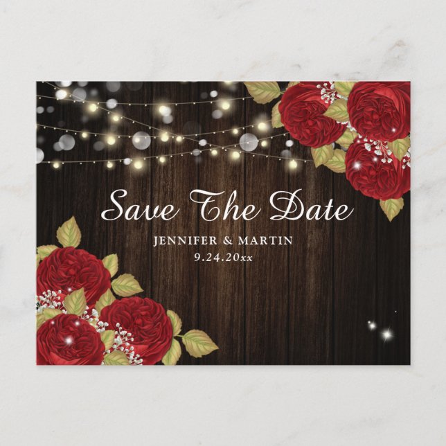 Wood Red Rose Wedding Save The Date Postcards (Front)