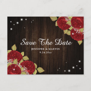 Wood Red Rose Wedding Save The Date Postcards