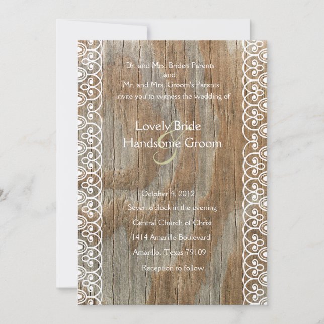 Wood Rings Shabby Lace Wedding Invitation (Front)