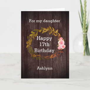 Wood Rustic and Watercolor Floral 17th Birthday Card