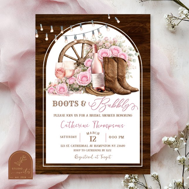 Wood Rustic Boots and Bubbly Bridal Shower Invitation (Creator Uploaded)