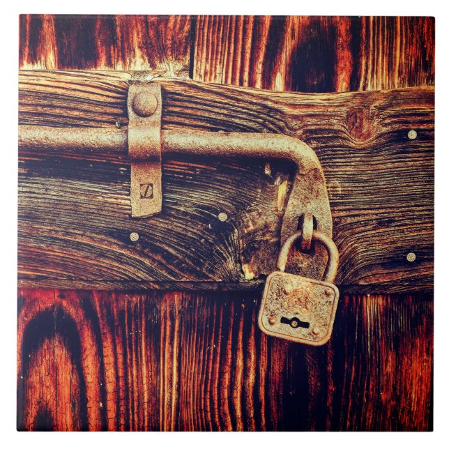 Wood Rustic door antique brass lock brown  Tile (Front)