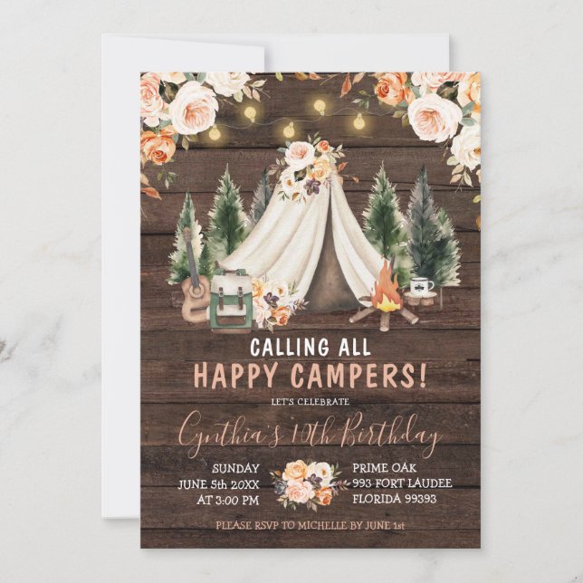Wood Rustic Girl Camping Birthday Invitation (Front)