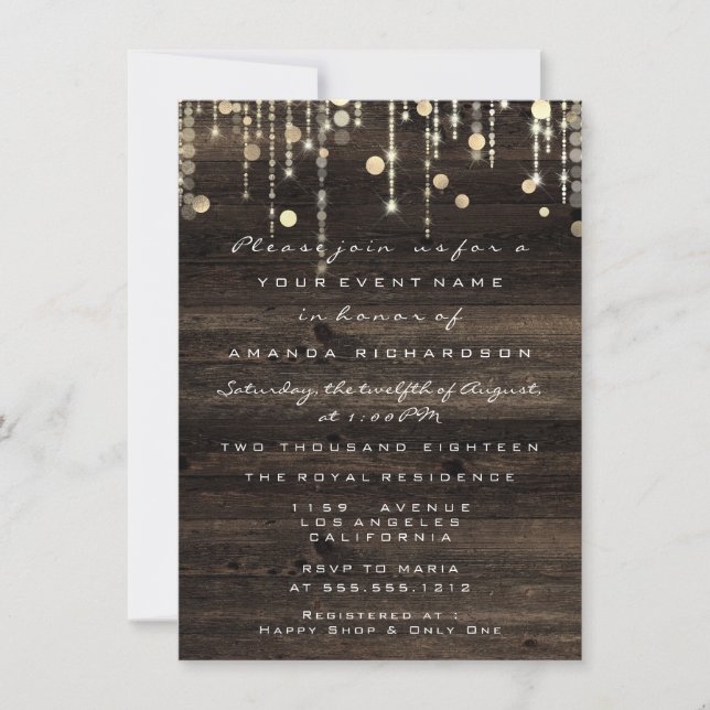 Wood Rustic Gold Drips Birthday Bridal Shower Invitation (Front)