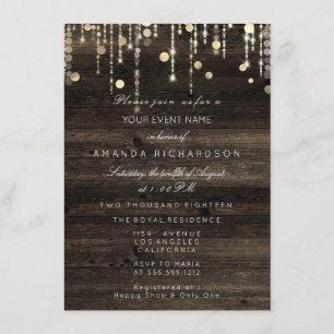 Wood Rustic Gold Drips Birthday Bridal Shower Invitation