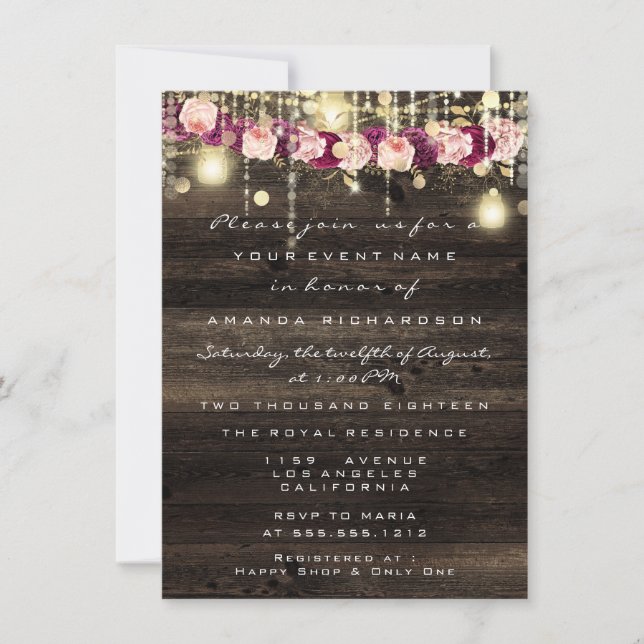 Wood Rustic Gold Lights Jar Bridal Wedding Invitation (Front)