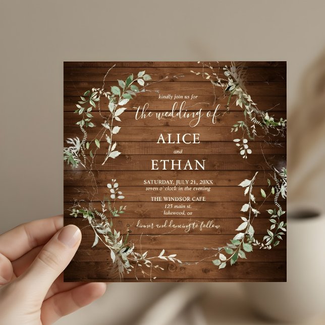 Wood Rustic Greenery Script Wedding Invitation (Creator Uploaded)