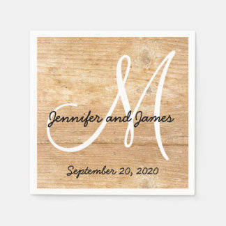 Wood Rustic Monogram Names Wedding Napkin