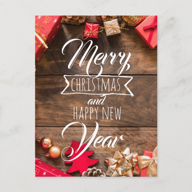 Wood Rustic Red Gold White Typography Christmas Postcard (Front)