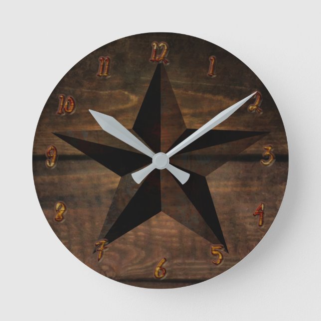 Wood Rustic Rusty Wooden Western Star Round Clock (Front)