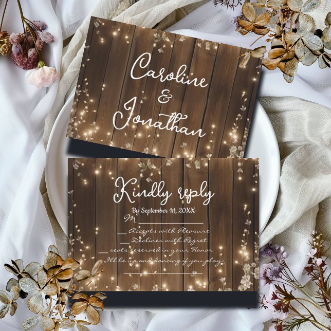 Wood Rustic String Light White Floral Song Request RSVP Card (Creator Uploaded)
