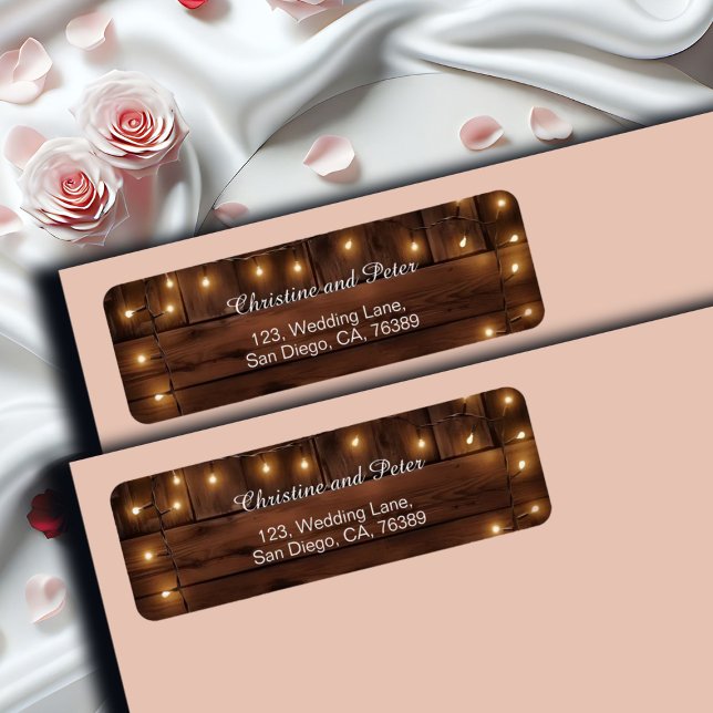 Wood Rustic String Lights Return Address Label (Creator Uploaded)