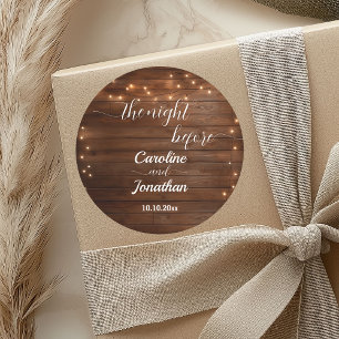 Wood Rustic String Lights The Night Before Wedding Classic Round Sticker