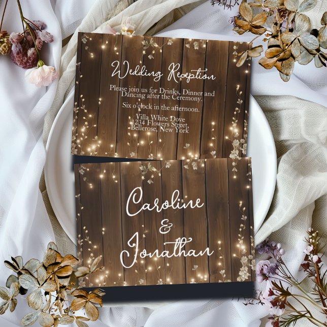 Wood Rustic String Lights White Floral Reception Enclosure Card (Creator Uploaded)