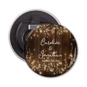 Wood Rustic String Lights White Floral Wedding Bottle Opener