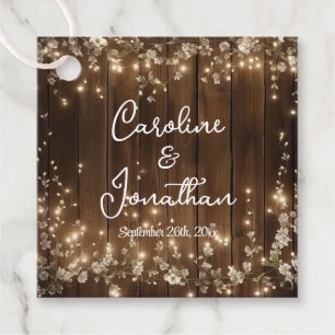 Wood Rustic String Lights White Floral Wedding Favour Tags