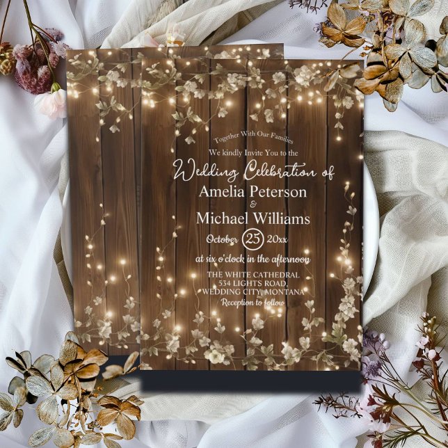Wood Rustic String Lights White Floral Wedding Invitation (Creator Uploaded)