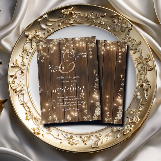 Wood Rustic String Lights White Floral Wedding Invitation (Creator Uploaded)
