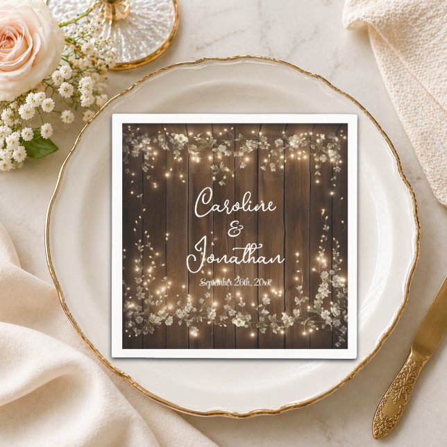 Wood Rustic String Lights White Floral Wedding Napkin (Creator Uploaded)