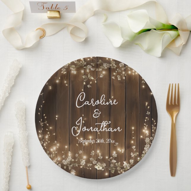 Wood Rustic String Lights White Floral Wedding Paper Plate (Wedding)