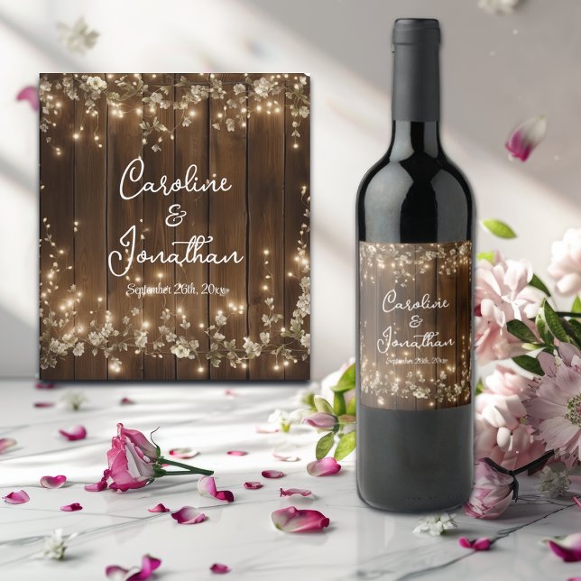 Wood Rustic String Lights White Floral Wedding Wine Label (Creator Uploaded)