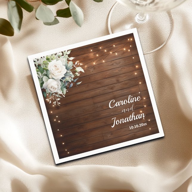 Wood Rustic String Lights White Roses Wedding Napkin (Creator Uploaded)