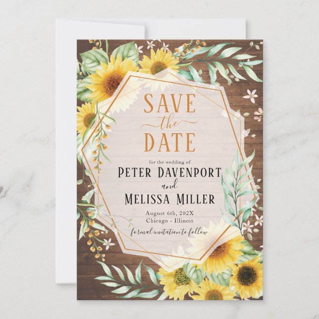 Wood Rustic Sunflower Save the Date Announcement (Front)