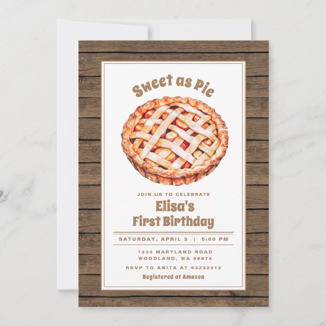 Wood Rustic Sweet as Pie Party Birthday invitation (Front)