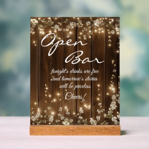 Wood Rustic White Floral String Lights Open Bar Acrylic Sign